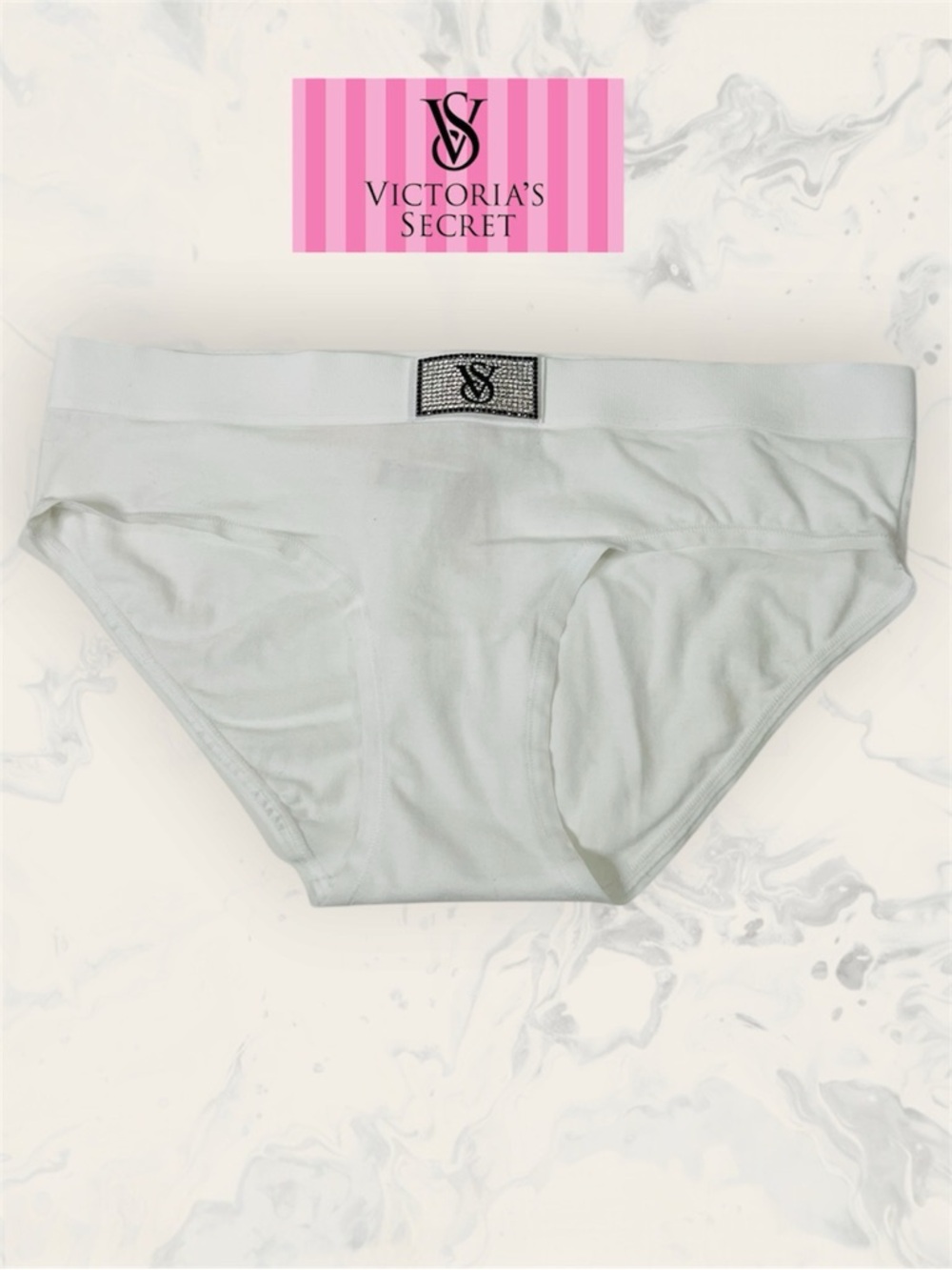 Victoria's Secret Size S White hipster Hiphugger with Rhinestone VS Patch